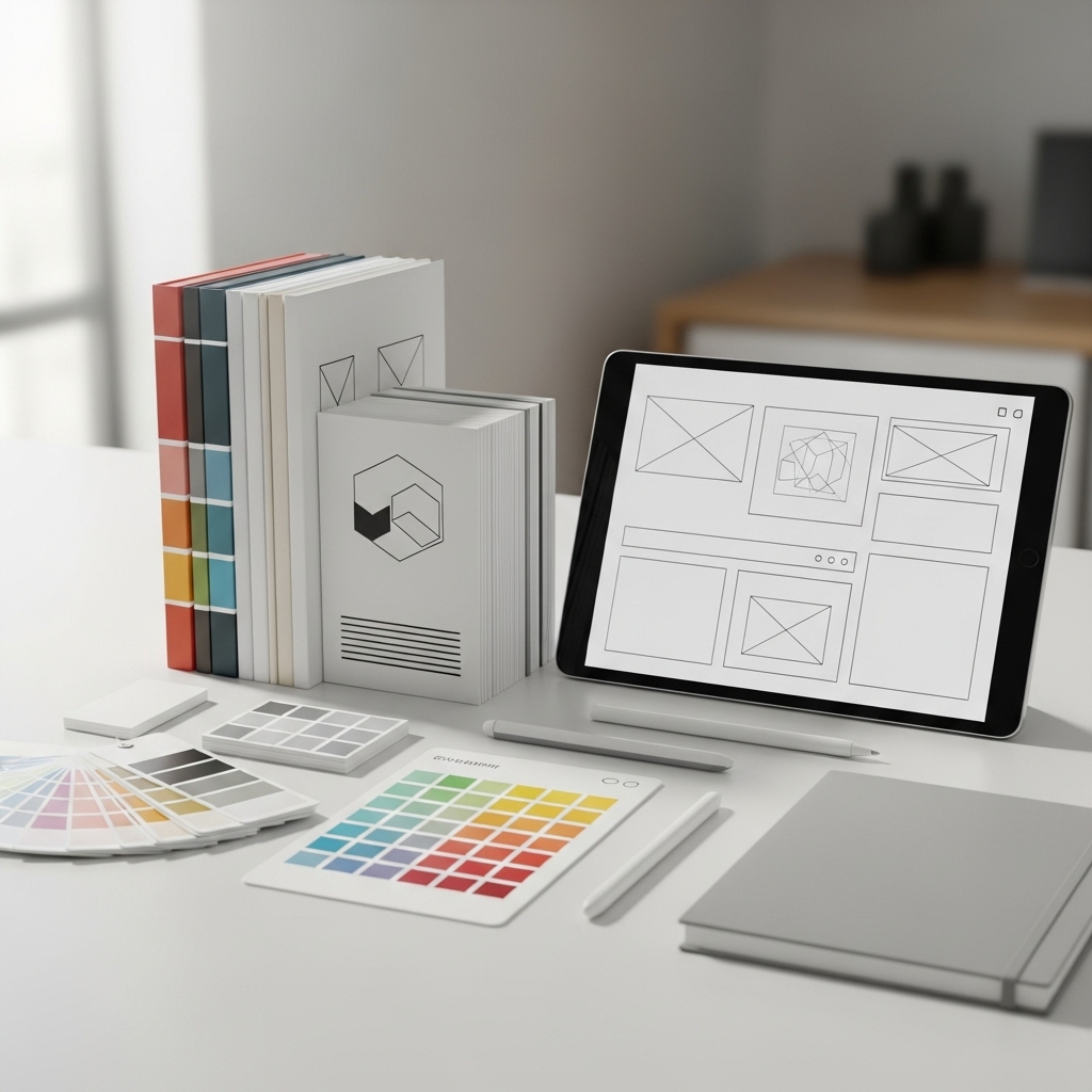 Graphic design services showing brand collateral, design elements, and creative compositions